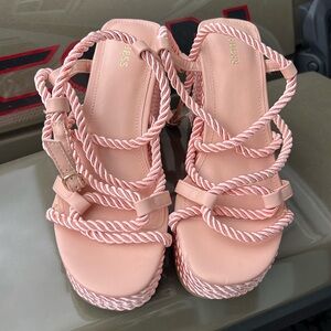 Guess Natesha Pink Satin Rope 4 inch Wedges, Size 7